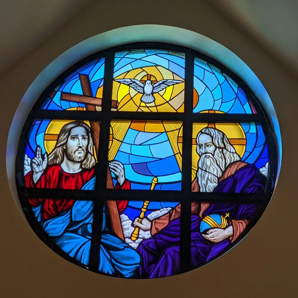 St Michael the Archangel Grand Prairie TX contemporary stained glass window, custom church stained glass by Cavallini Glass